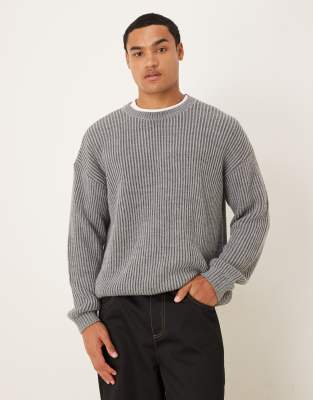 Asos Design Relaxed Long Sleeve Knit Crew Neck Striped Sweater In Gray