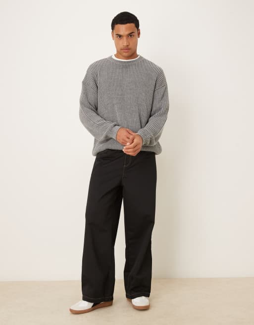 ASOS DESIGN relaxed long sleeve knitted crew neck stripe jumper in charcoal