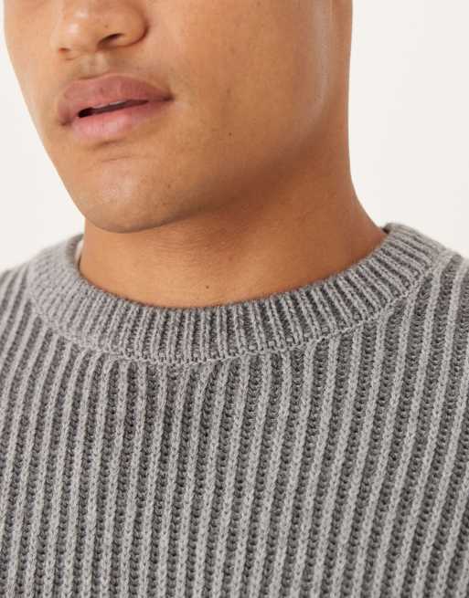 ASOS DESIGN relaxed long sleeve knitted crew neck stripe jumper in charcoal