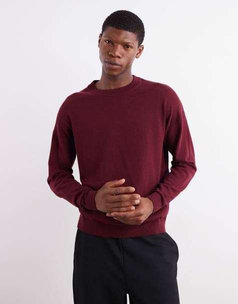 ASOS DESIGN relaxed long sleeve knit crew neck T-shirt in burgundy - view 1