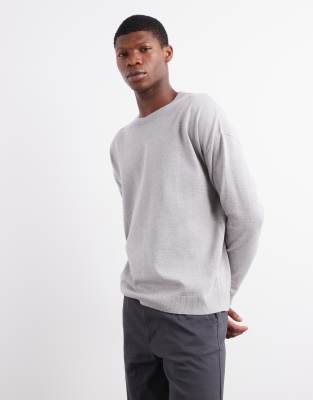 Asos Design Relaxed Long Sleeve Knit Crew Neck T-shirt In Gray