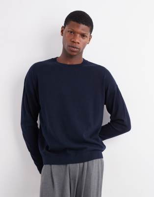 Asos Design Relaxed Long Sleeve Knit Crew Neck T-shirt In Blue