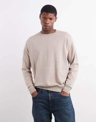 Asos Design Relaxed Long Sleeve Knit Crew Neck T-shirt In Neutral
