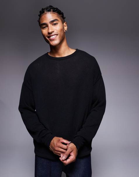 ASOS DESIGN relaxed long sleeve knit crew tee in black - view 1
