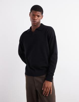 Asos Design Relaxed Long Sleeve Knit Notch Neck Polo In Black