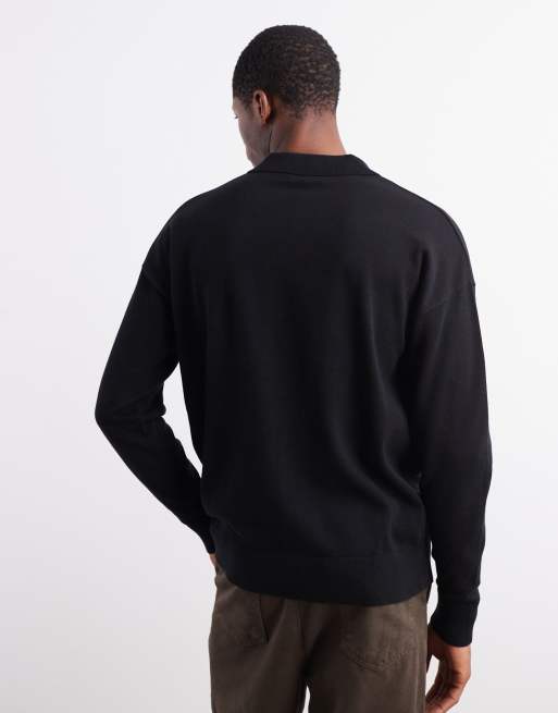 ASOS DESIGN relaxed long sleeve knit notch neck polo in black