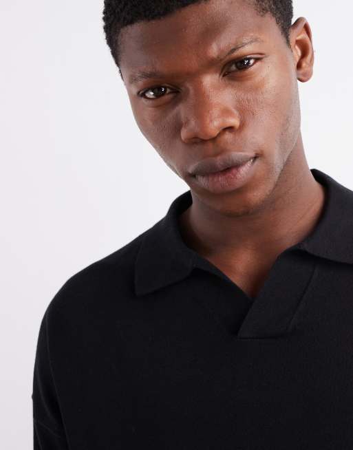 ASOS DESIGN relaxed long sleeve knit notch neck polo in black