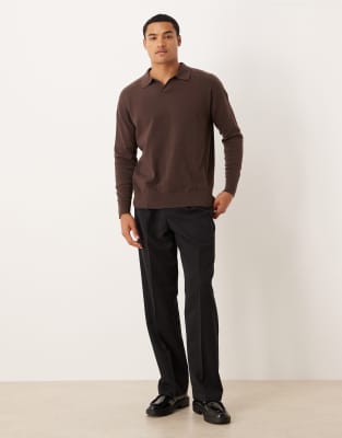 Asos Design Relaxed Long Sleeve Knit Notch Neck Polo In Brown