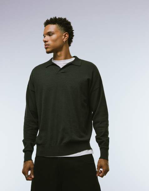 ASOS DESIGN relaxed long sleeve knit notch neck polo in charcoal heather - view 1