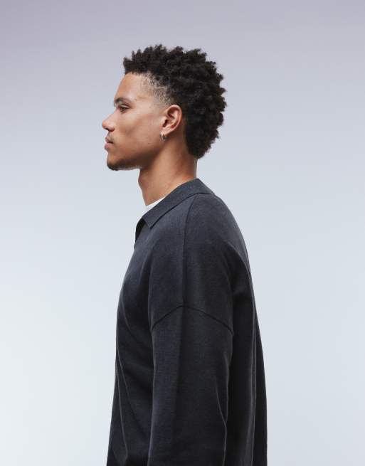 ASOS DESIGN relaxed long sleeve knit notch neck polo in charcoal heather, 4 of 5