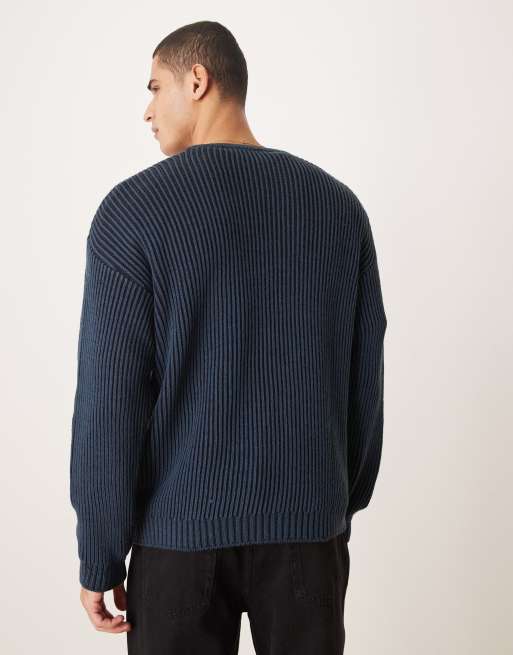 ASOS DESIGN relaxed long sleeve knitted crew neck rib jumper in navy, 3 of 5