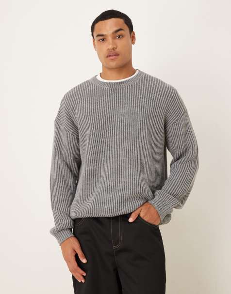 ASOS DESIGN relaxed long sleeve knitted crew neck stripe jumper in charcoal - view 1