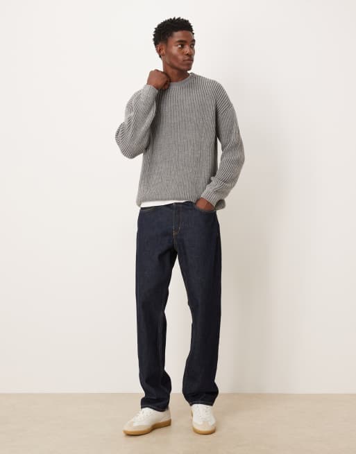 ASOS DESIGN relaxed long sleeve knitted crew neck stripe jumper in charcoal