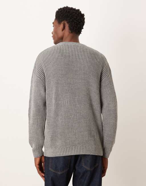 ASOS DESIGN relaxed long sleeve knitted crew neck stripe jumper in charcoal