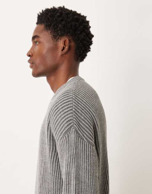 ASOS DESIGN relaxed long sleeve knitted crew neck stripe jumper in charcoal