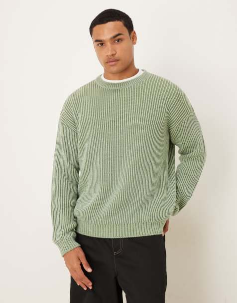 ASOS DESIGN relaxed long sleeve knitted crew neck stripe jumper in khaki - view 1