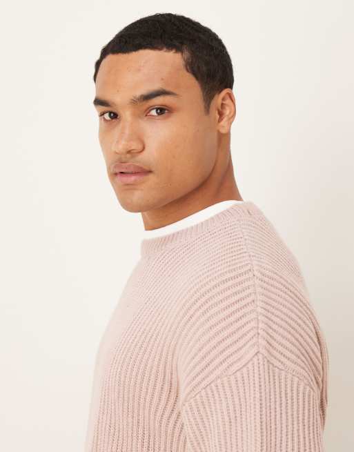 ASOS DESIGN relaxed long sleeve knitted crew neck stripe jumper in pink, 4 of 5