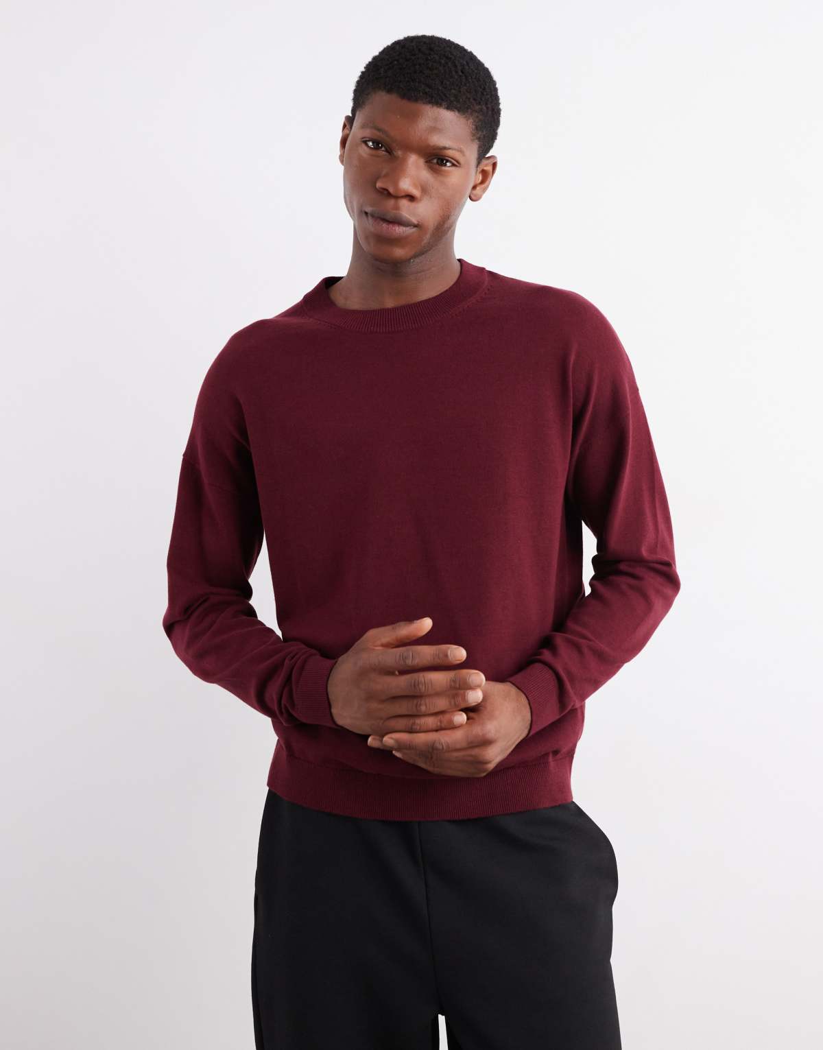 ASOS DESIGN relaxed long sleeve knitted crew neck t-shirt in burgundy