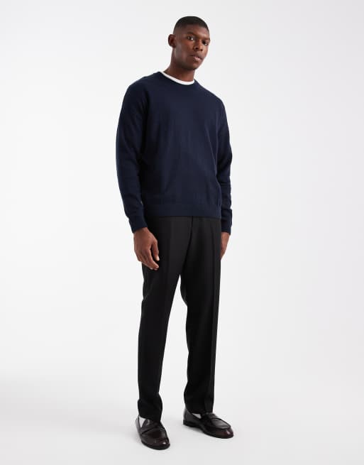 ASOS DESIGN relaxed long sleeve knitted crew neck t-shirt in navy, 2 of 5