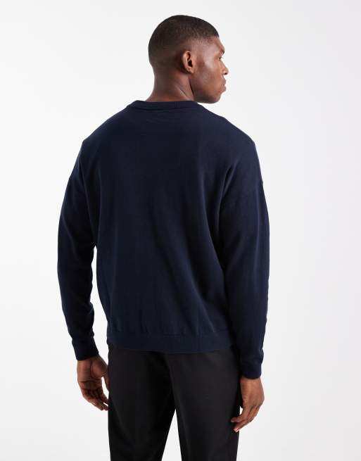 ASOS DESIGN relaxed long sleeve knitted crew neck t-shirt in navy, 3 of 5