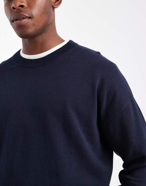 ASOS DESIGN relaxed long sleeve knitted crew neck t-shirt in navy, 5 of 5