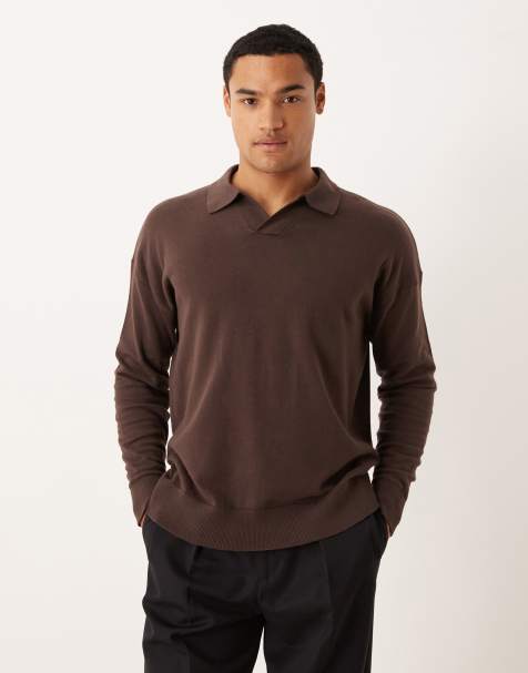 ASOS DESIGN relaxed long sleeve knitted notch neck polo in brown - view 1
