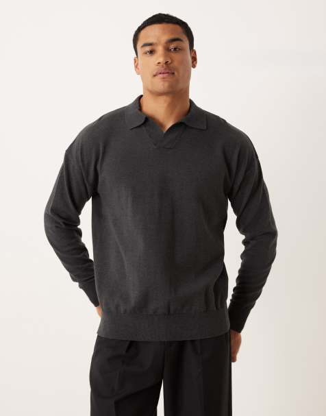 ASOS DESIGN relaxed long sleeve knitted notch neck polo in charcoal marl - view 1