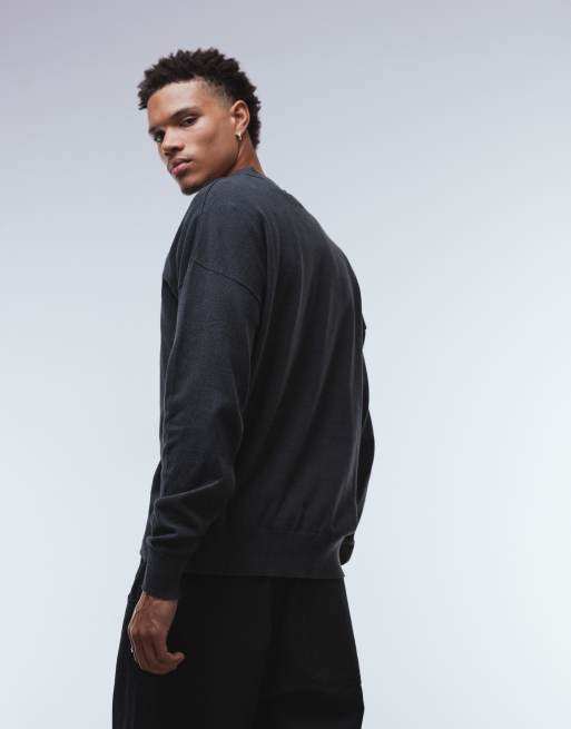 ASOS DESIGN relaxed long sleeve knitted notch neck polo in charcoal marl, 3 of 5