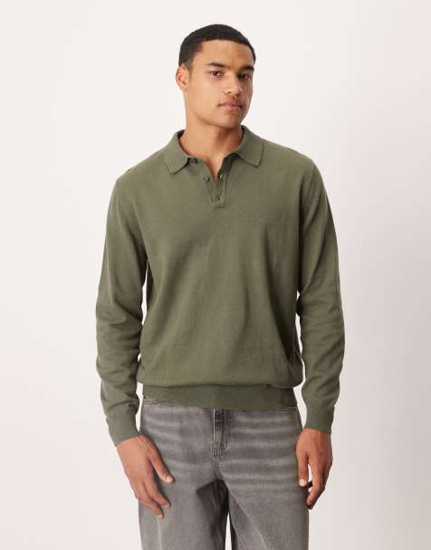 ASOS DESIGN relaxed long sleeve knitted polo in khaki - view 1