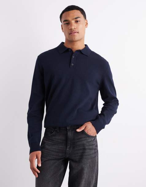 ASOS DESIGN relaxed long sleeve knitted polo in navy - view 1