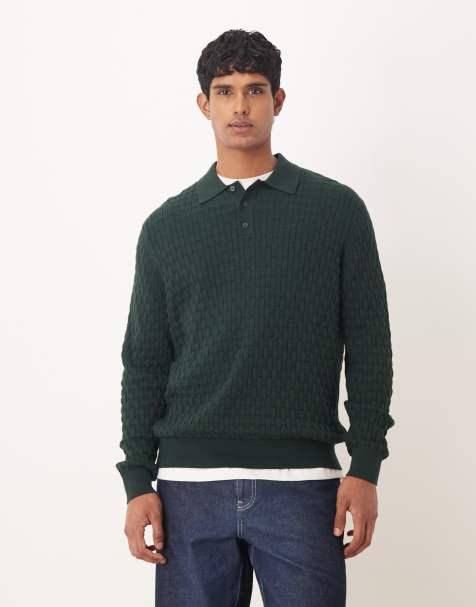 ASOS DESIGN relaxed long sleeve knitted textured polo in dark green