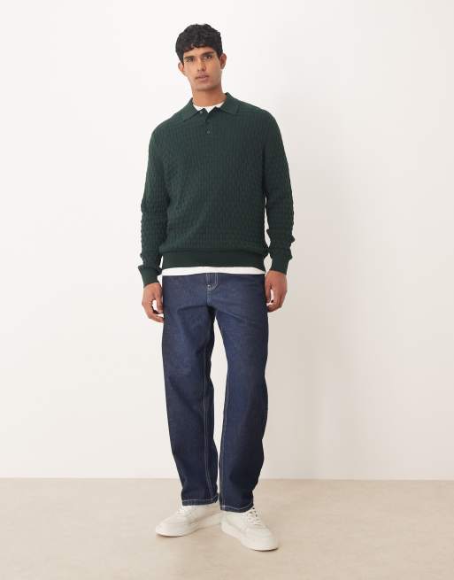 ASOS DESIGN relaxed long sleeve knitted textured polo shirt in dark green, 2 of 5