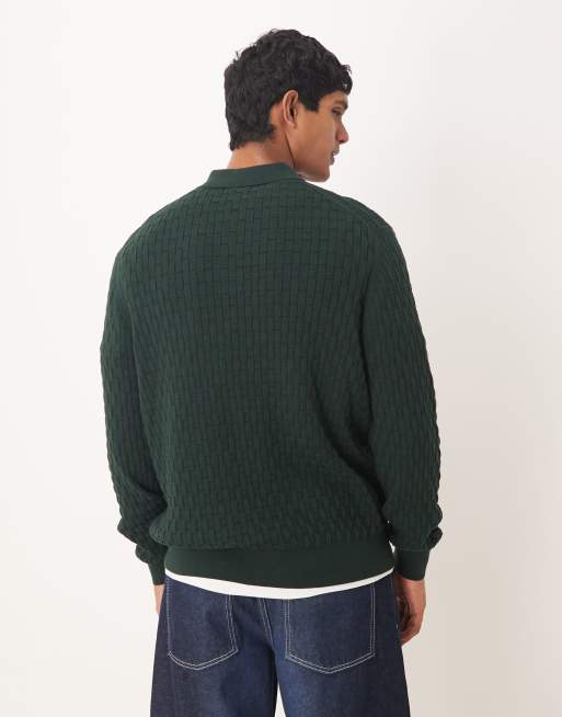 ASOS DESIGN relaxed long sleeve knitted textured polo shirt in dark green, 3 of 5