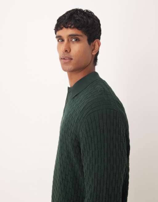 ASOS DESIGN relaxed long sleeve knitted textured polo shirt in dark green, 4 of 5