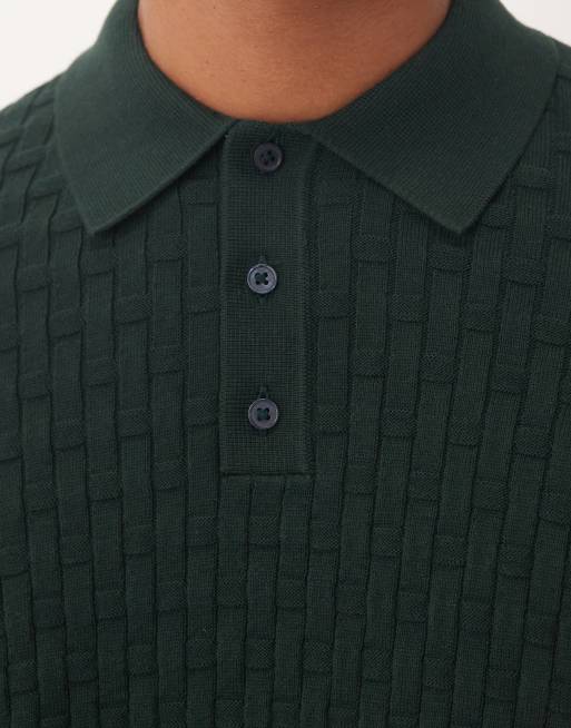 ASOS DESIGN relaxed long sleeve knitted textured polo shirt in dark green, 5 of 5