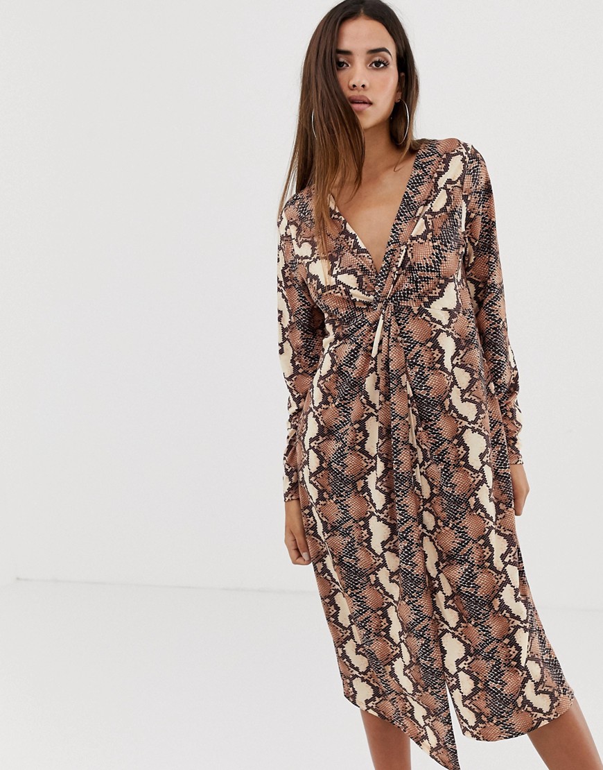 ASOS DESIGN relaxed long sleeve midi dress with knot front in snake print-Multi