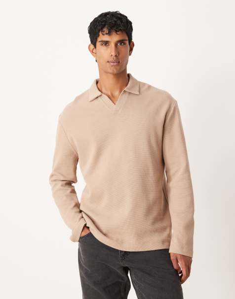 ASOS DESIGN relaxed long sleeve polo in beige waffle - view 1