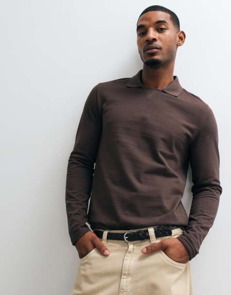 ASOS DESIGN relaxed long sleeve polo in brown pique - view 1