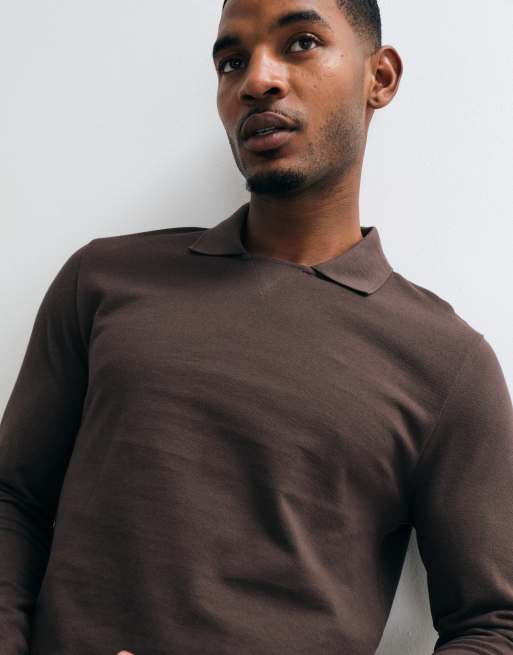 ASOS DESIGN relaxed long sleeve polo in brown pique, 2 of 5
