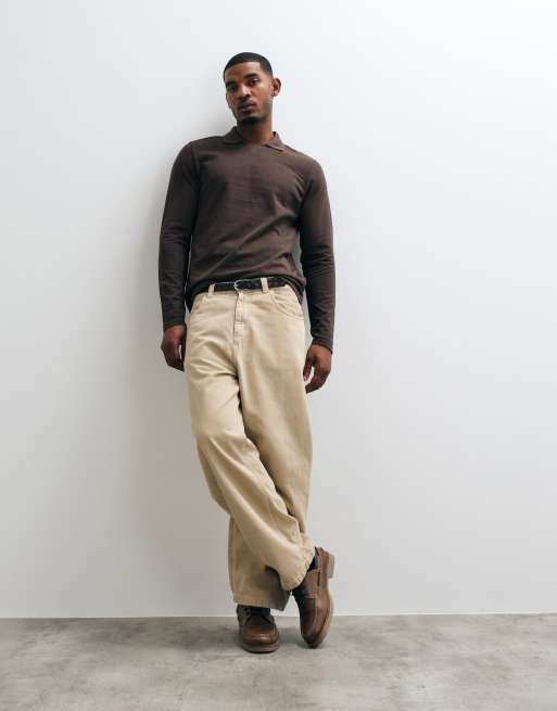 ASOS DESIGN relaxed long sleeve polo in brown pique, 3 of 5