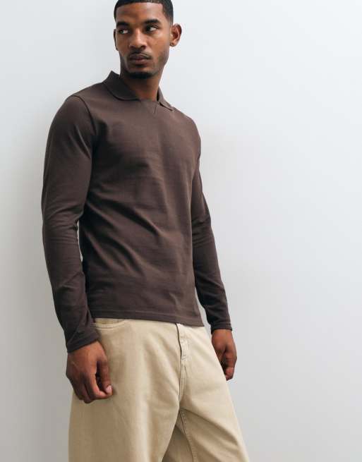 ASOS DESIGN relaxed long sleeve polo in brown pique, 4 of 5