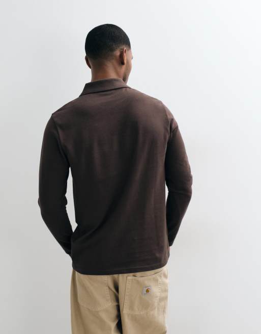 ASOS DESIGN relaxed long sleeve polo in brown pique, 5 of 5