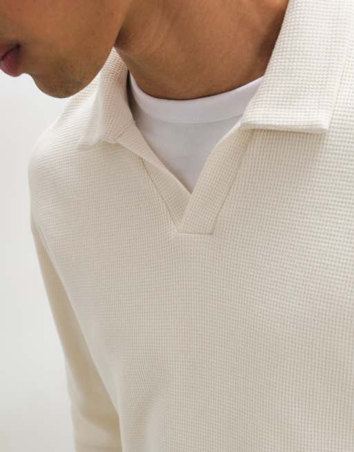 ASOS DESIGN relaxed long sleeve polo in cream waffle, 4 of 5