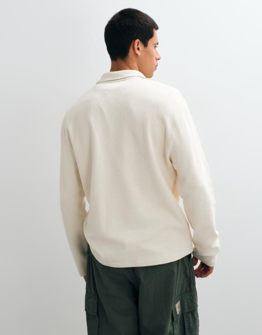 ASOS DESIGN relaxed long sleeve polo in cream waffle, 5 of 5