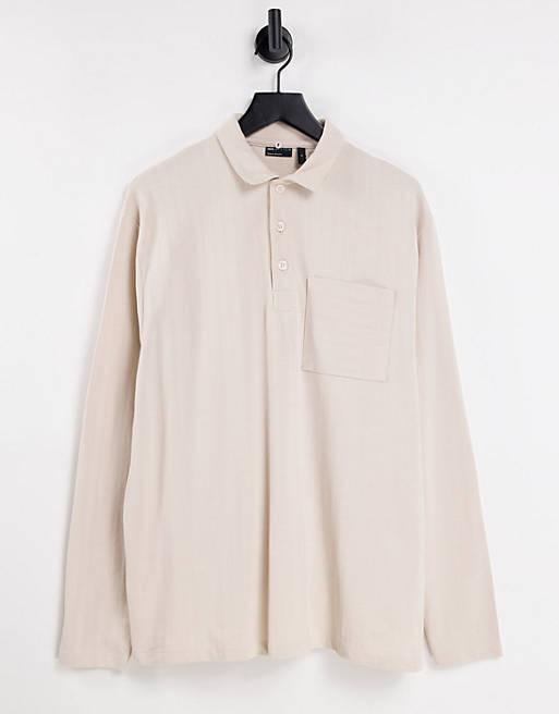 ASOS DESIGN relaxed long sleeve polo in fancy pique rib in beige | ASOS