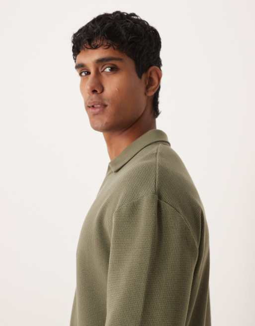 ASOS DESIGN relaxed long sleeve polo in khaki waffle , 4 of 5