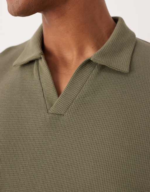 ASOS DESIGN relaxed long sleeve polo in khaki waffle , 5 of 5