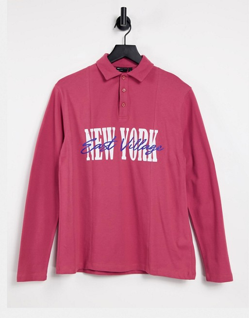 ASOS DESIGN relaxed long sleeve polo t-shirt in red with New York city print