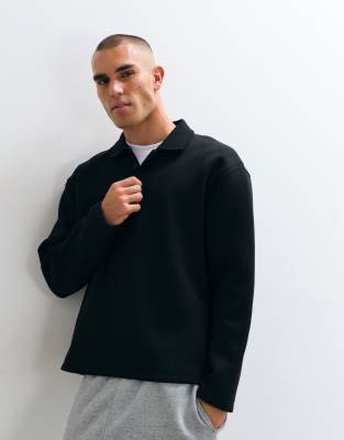 Asos Design Relaxed Long Sleeve Polo In Black