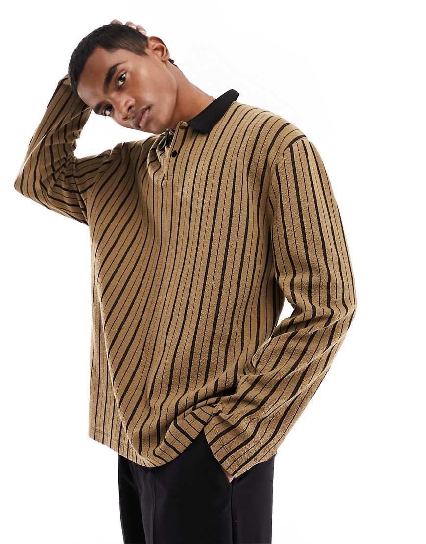 ASOS DESIGN relaxed long sleeve polo in textured stripe-Brown